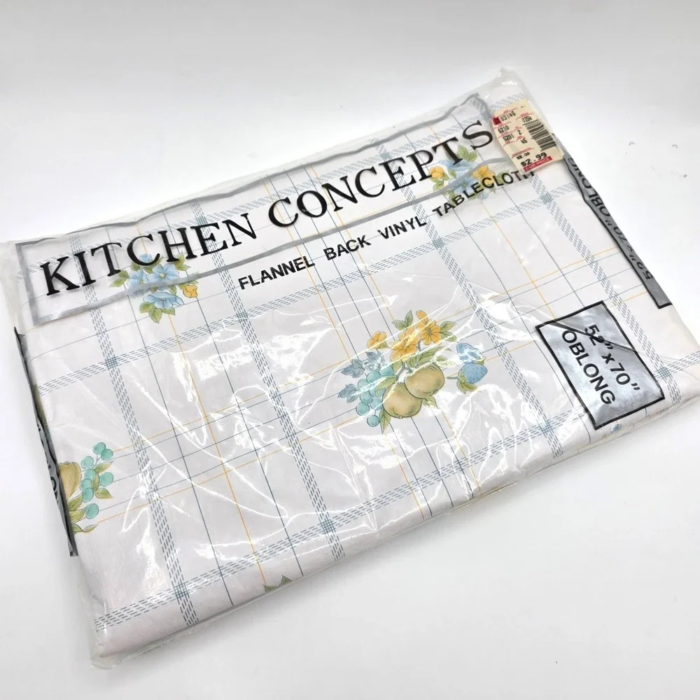 Kitchen Concepts Vinyl Tablecloth Flannel Back 52x70 Oblong Floral Plaid White